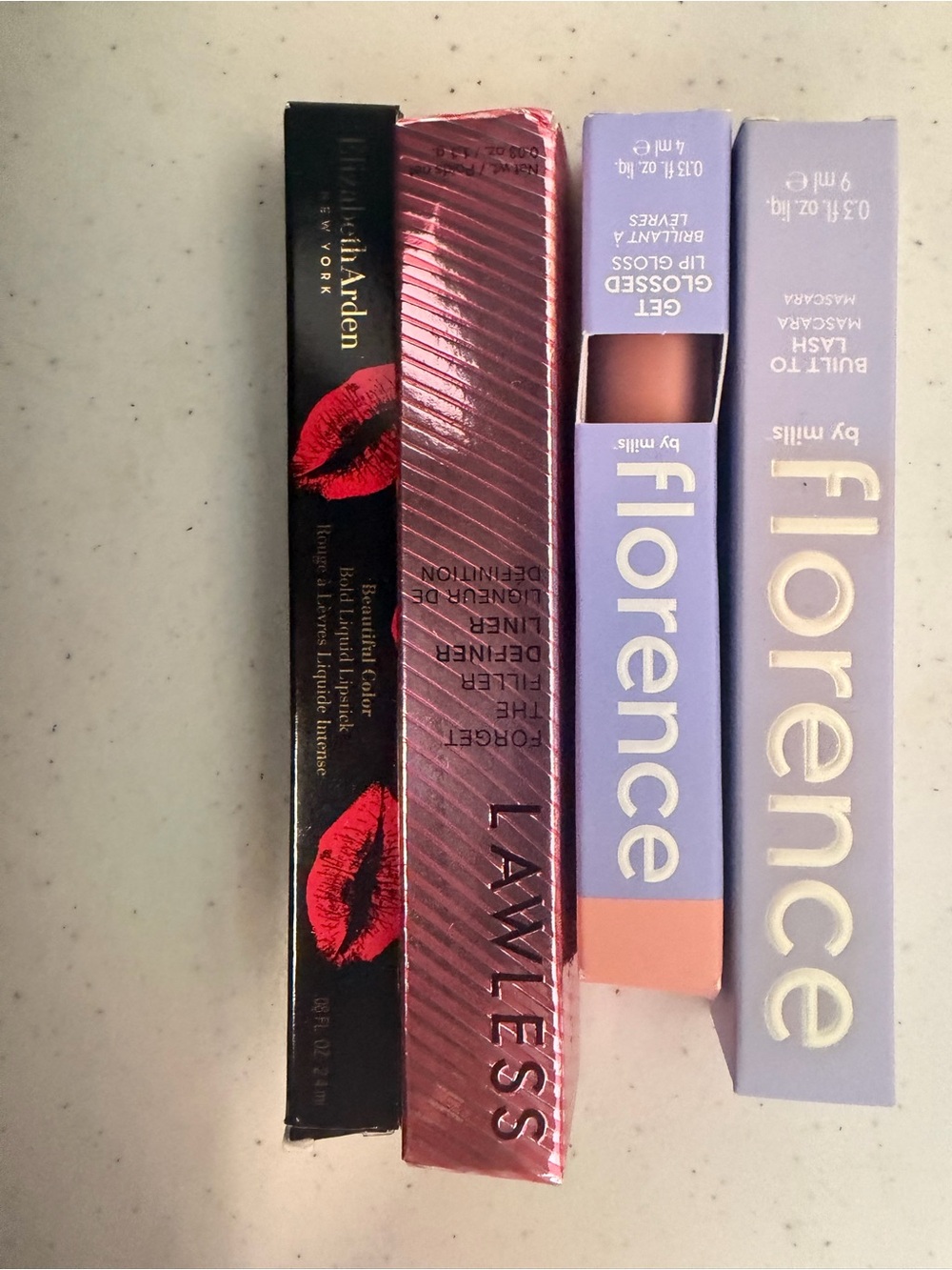 LAWLESS LIP LINER, FLORENCE LIP GLOSS AND MASCARA &ELIZABETH ARDEN GLOSS #7